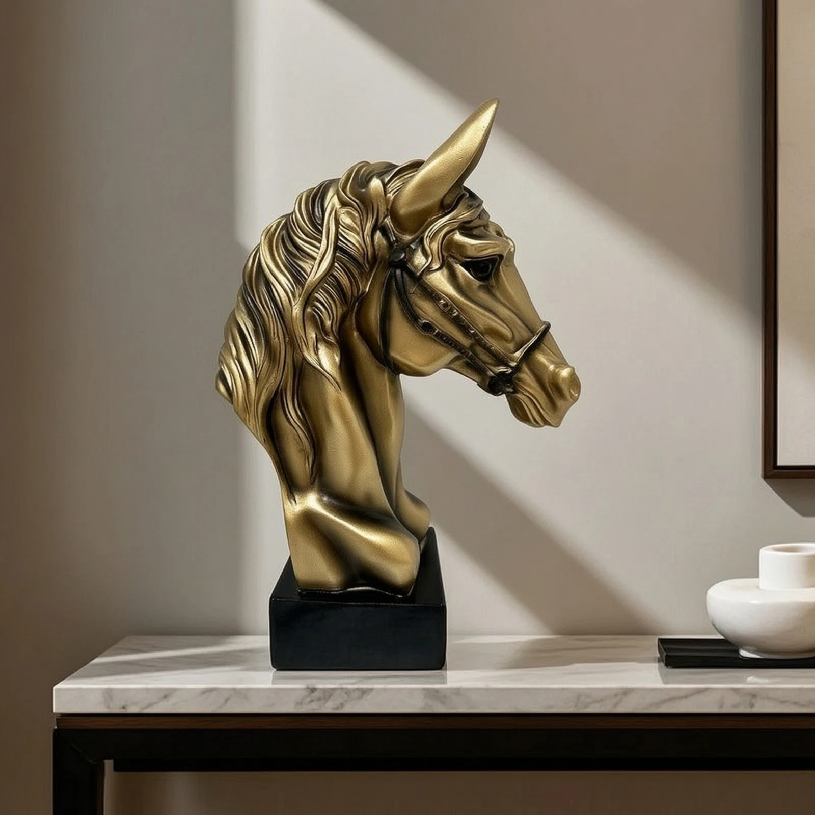 Horse Head Sculpture Vintage Bronze Horse Head Figurine Decor Equestrian Tabletop for Living Room, Office