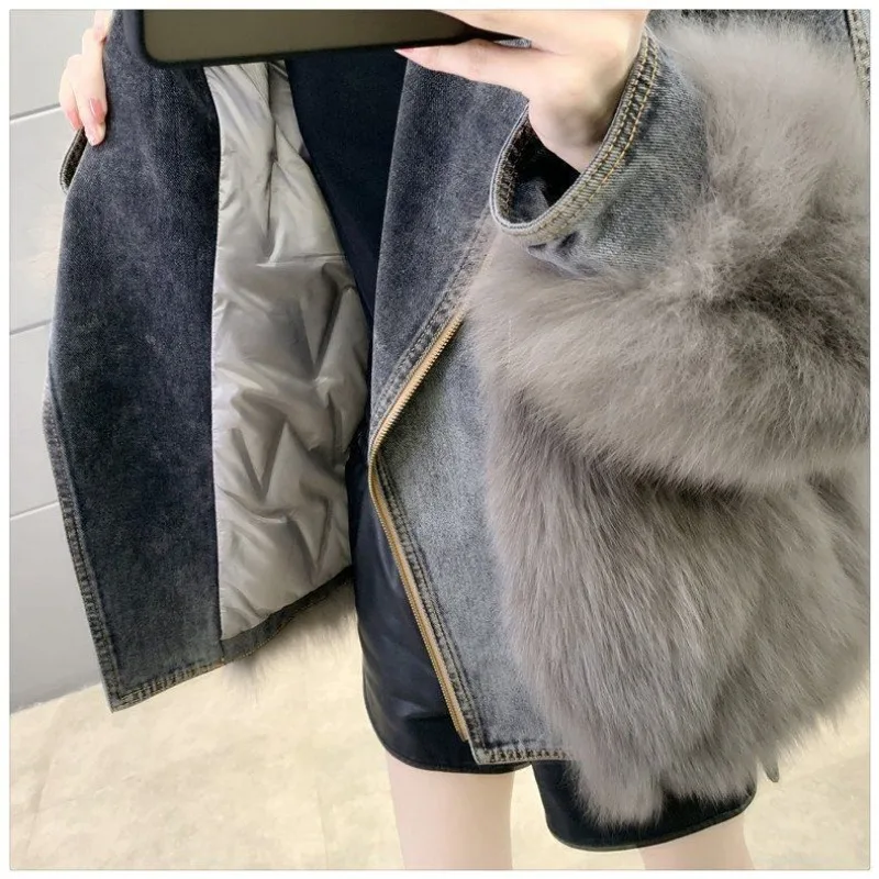 Women Winter New Fashion Denim Imitation Fox Fur Stitching Fur Coat Parkas Oversized Workwear Thick Outwear Casual Denim Jacket