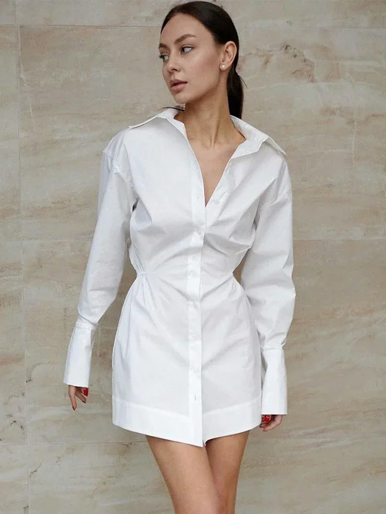 

Fmxires Fashion Lapel Shirt Dress Women 2024 New Trendy Long Sleeve Patchwork Button Slim Mini Dresses Commuter Outfits Femme