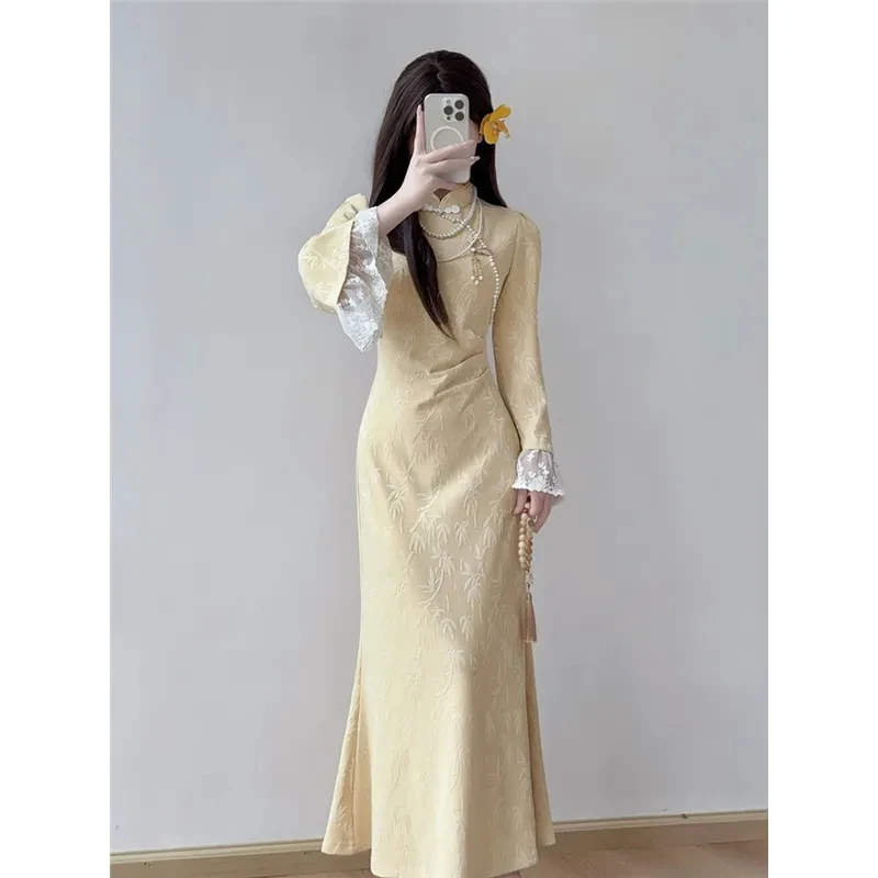 

Кружевная юбка Cheongsam на весну и осень, кружевное платье Cheongsam в национальном стиле с рукавами 2025 года, красивое новое улучшение рогового платья