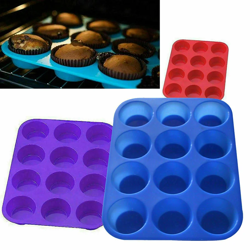 Forma de Silicone Antiaderente com 12 Cavidades para Cupcakes, Muffins, Sabonetes e Chocolates - Utensílio de Confeitaria