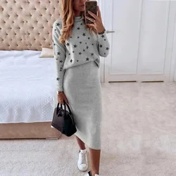 Women's Long Sleeve Turtleneck Pullover Top High Waist Mid-Calf Skirt Elegant Suit Spring Autumn New Slim Printed Two-Piece Suit