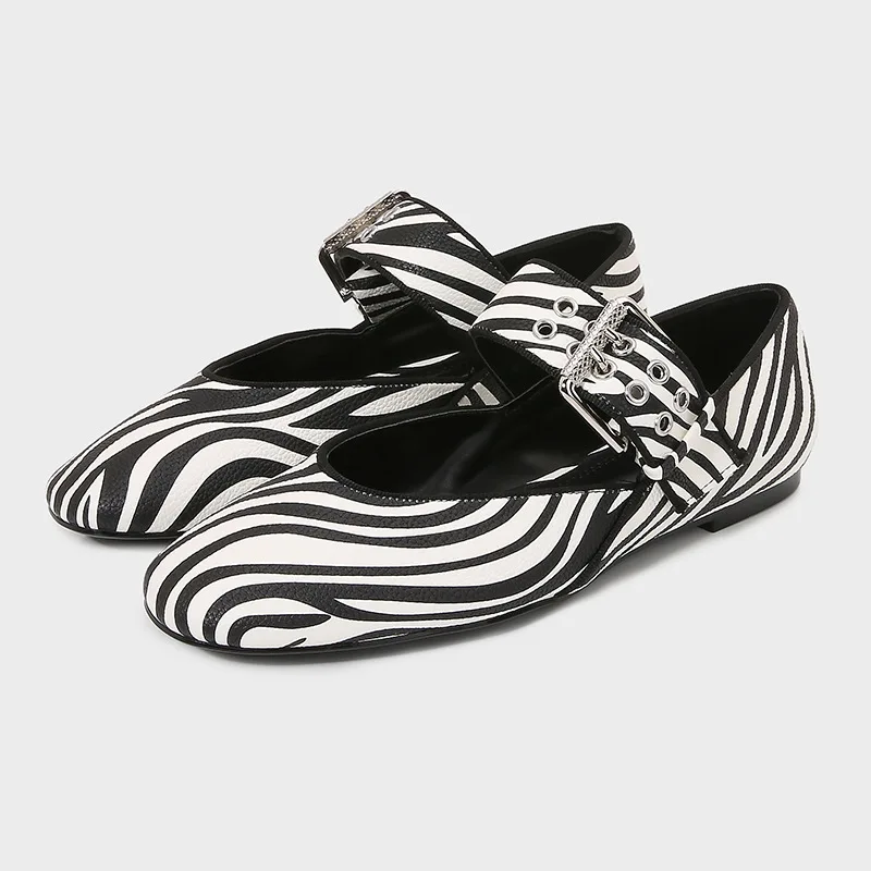 

Модные женские туфли Мэри Джейн с принтом зебры, роскошные брендовые туфли с пряжкой и ремешком, повседневные женские балетки большого размера с круглым носком