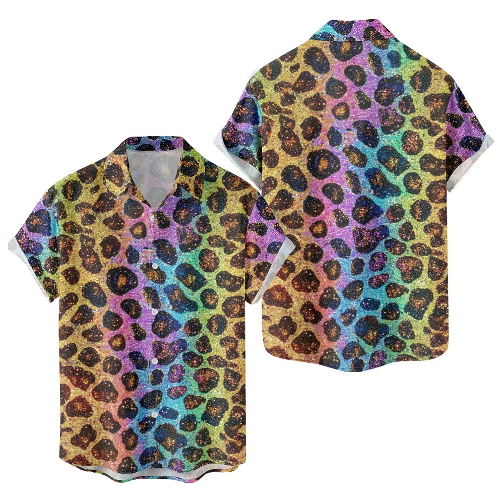 Men's Colorful Striped Leopard Print Shirt Short Sleeve Button Down Casual 80s 90s Party Hawaiian Shirt Retro Vacation Beach Top