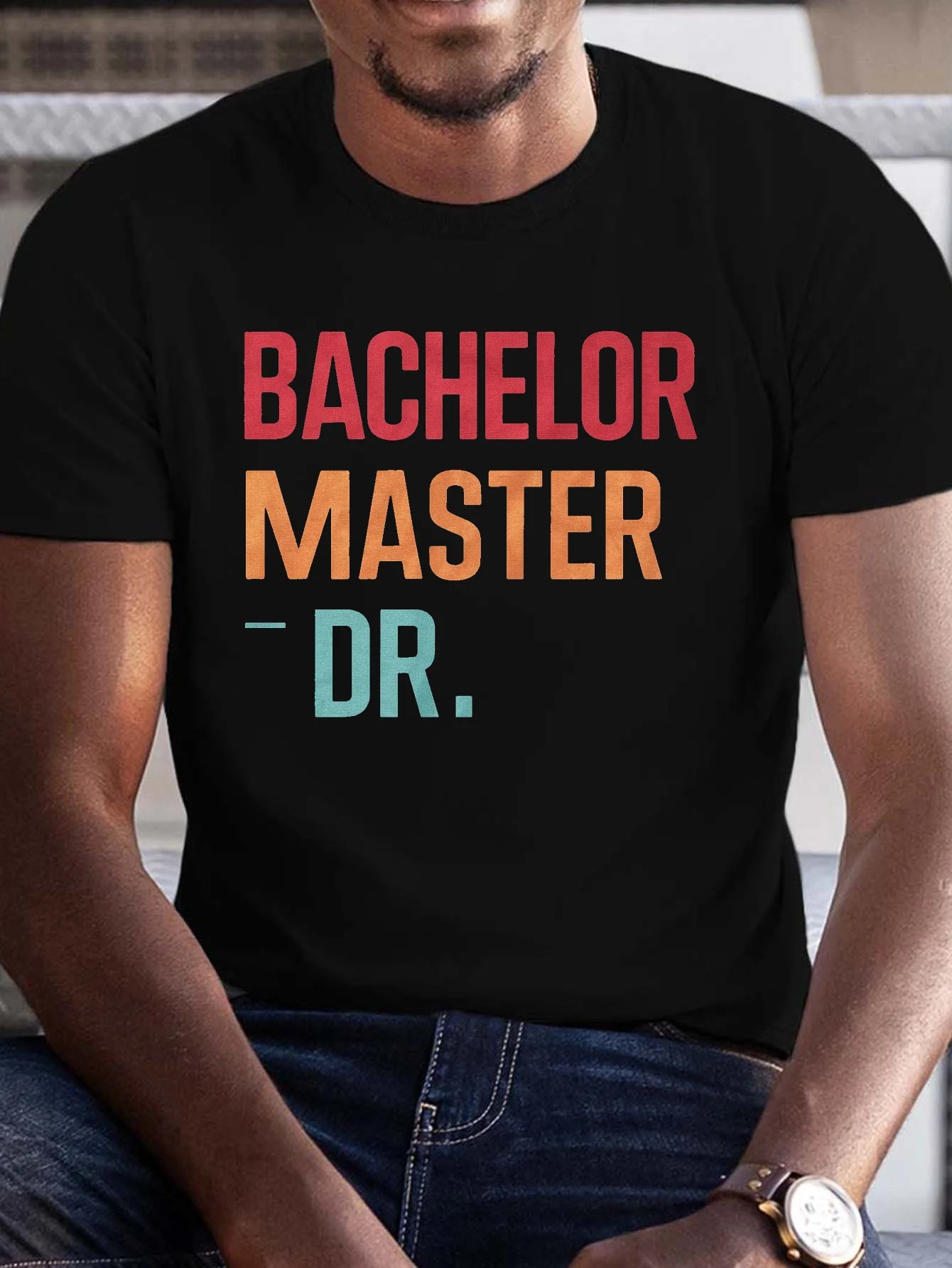 BACHELOR MASTER DR Print Short Sleeve Cotton T-Shirt For Men, Crew Neck, Casual Sports Tee, Fashion Top For Outdoor Wear, Comfor