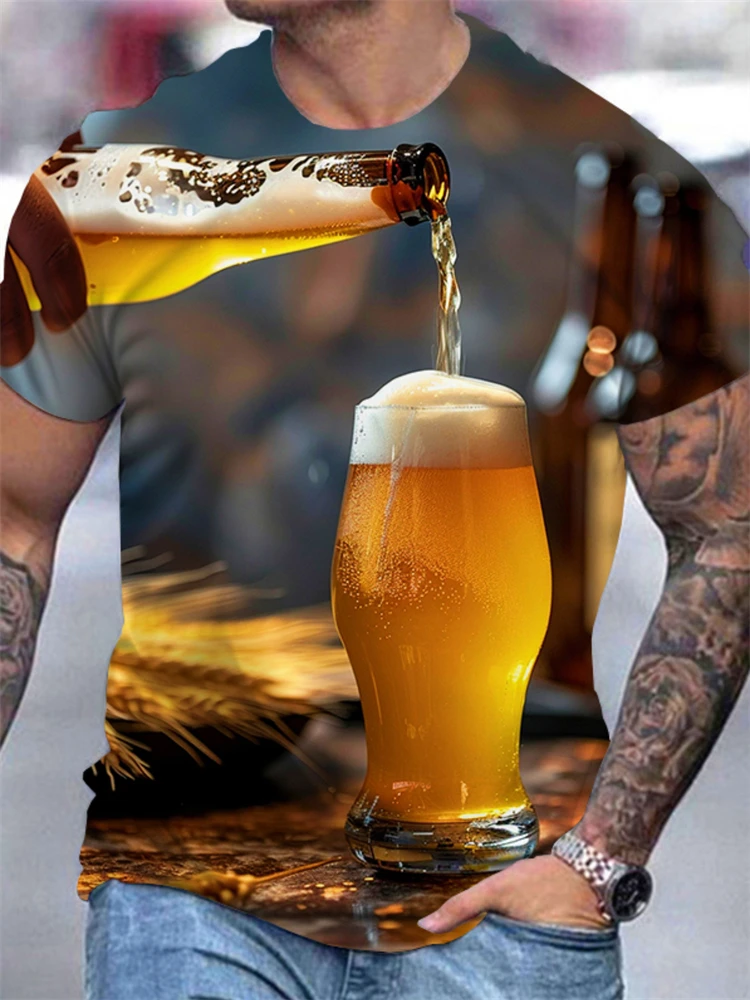 New Men's Summer Fashion Casual Loose-fit T-shirt with Beer Mug Print Round Neck Short Sleeves Large Size Casual Short Sleeves