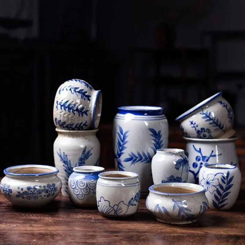 

Синий и белый фарфоровый горшок для суккулентов с узором Lithops, цветочный горшок, ваза для бонсай, настольные украшения, садовое искусство, домашний декор