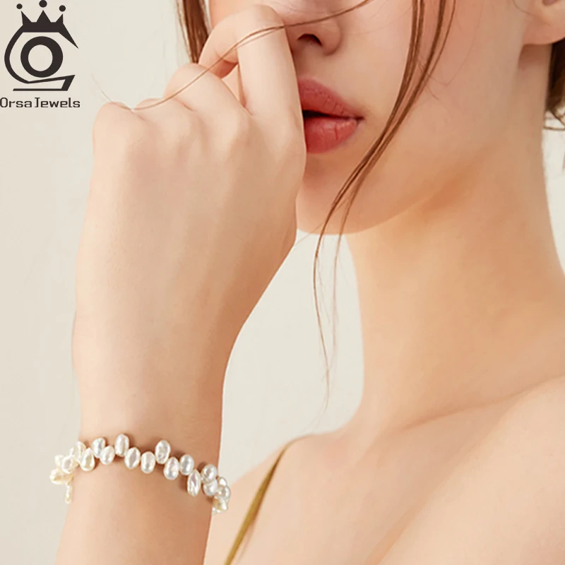 

ORSA JEWELS 14K Gold Baroque Pearl Chain Bracelet 925 Sterling Silver Dainty Handmand Pearls Bracelet for Women Jewelry GPB09