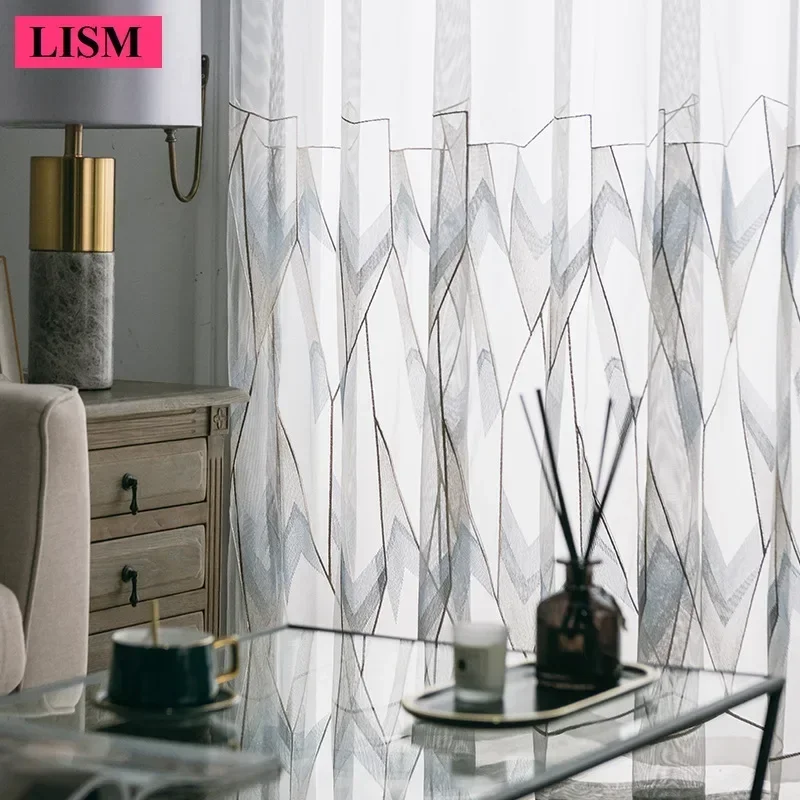 Modern Simple Embroidered Window Screen Curtains for Living Room Bedroom Geometric Pattern Blackout Elegant Decor Custom Tulle