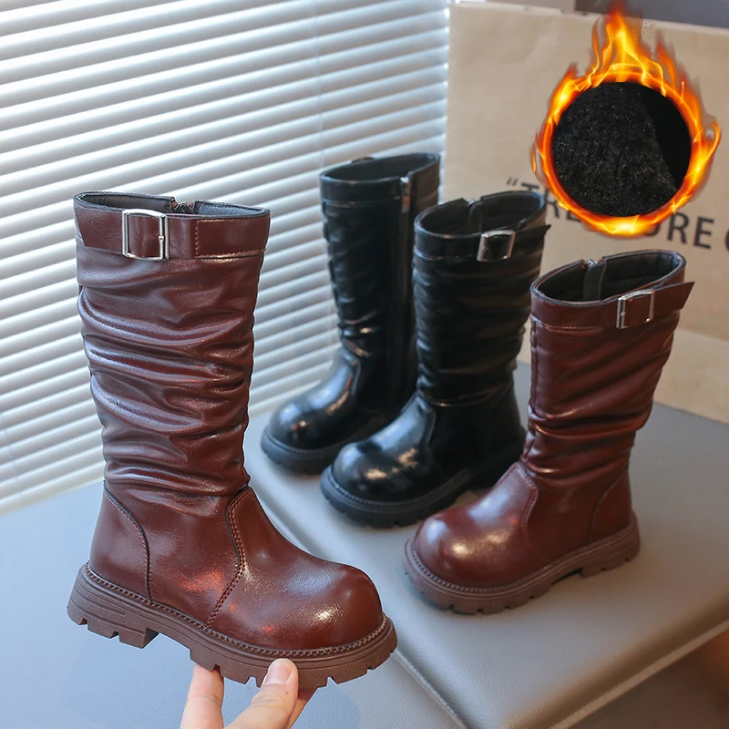 

2025 Autumn Winter New Children High Boots for Girls Fashion Belt Buckle Anti-slippery Keep Warm Versatile Chic Leather Shoes