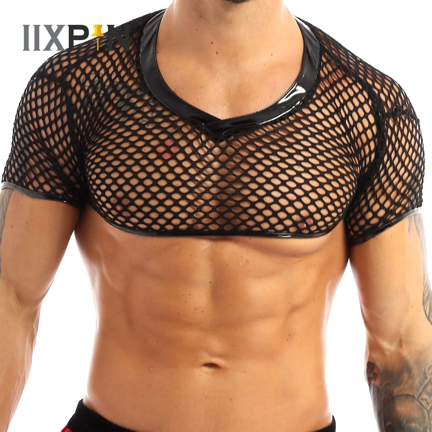 Men Mesh Fishnet T Shirt Transparent Vest Short Sleeve Hollow Out Sexy Muscle Crop Tops 2023 Streetwear Skinny Party Camisetas