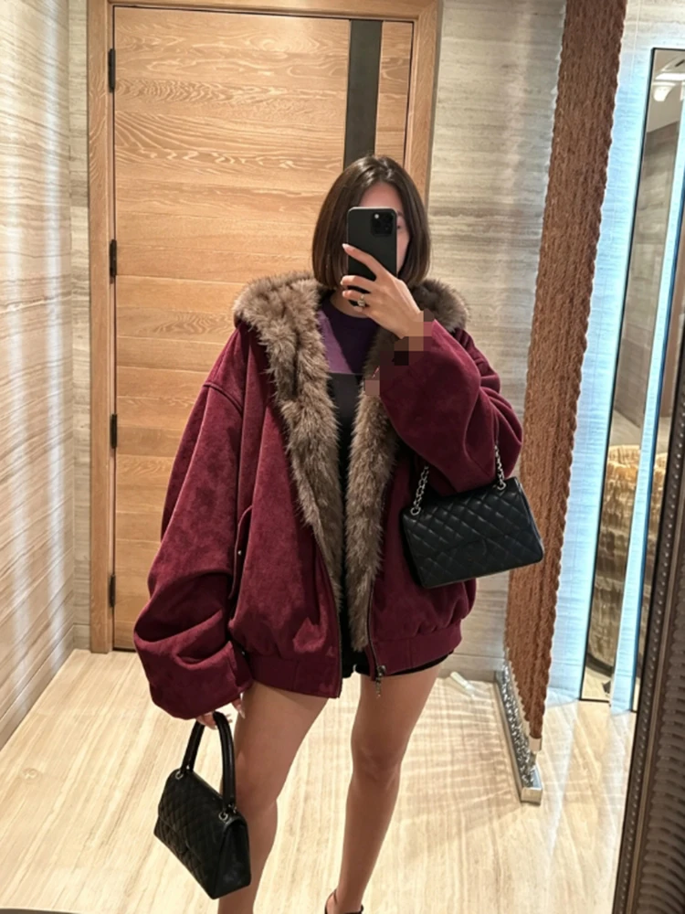Fashion Faux Fur Trim Lined Zip Up Lantern Sleeve Side Pockets Oversize Cropped Bomber Coat 2026 Autumn Winter Street Daily Wear