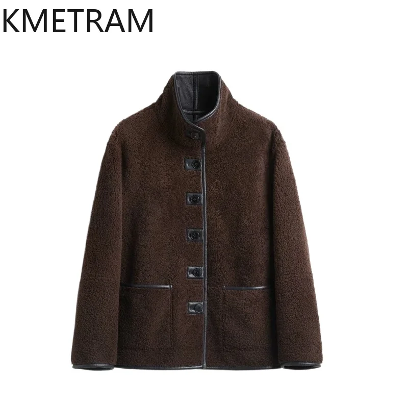 KMETRAM Spain Lagon Sheep Fur Shearling Jacket Reversible Outerwear Teddy Curly Real Fur Coat Woman Nubuck Winter Coats Дубленка