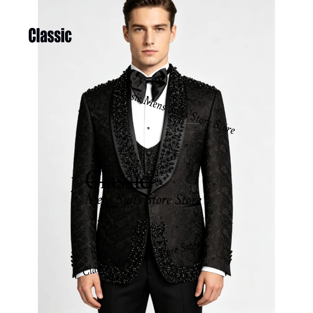 Gorgeous Crystal Jacquard Men Suit Customized Glitter Paillettes Wedding Tuxedos Slim Ropa hombre 3 Pieces Set Groom Male Blazer