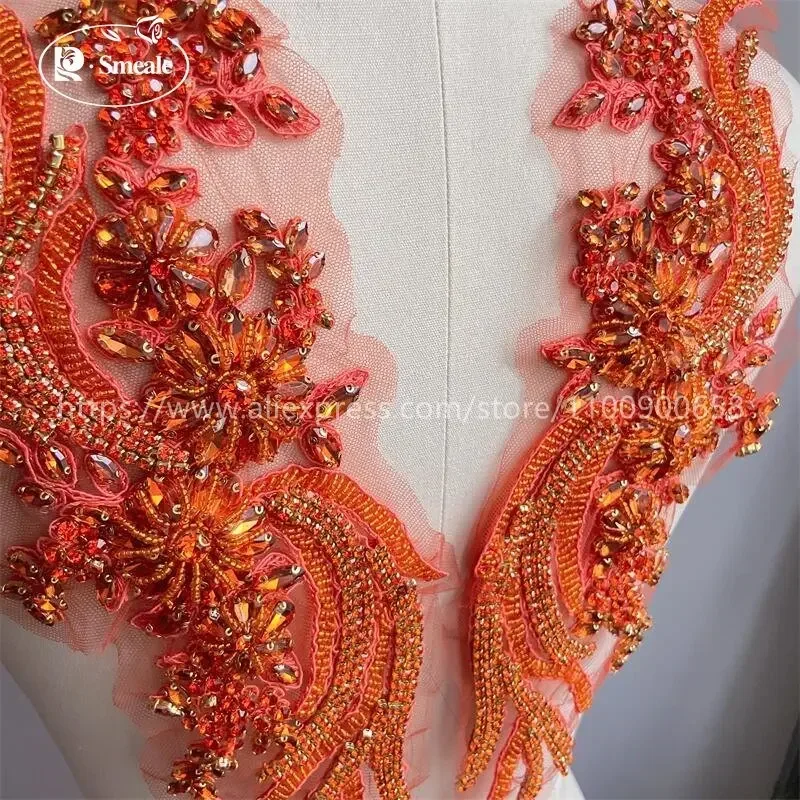 1 زوج متعدد الألوان مخيط يدويا الزجاج الحفر مرآة الزهور تألق حجر الراين الخصر الكتفين فستان الزفاف Patch بها بنفسك التصحيح RS4077 #4