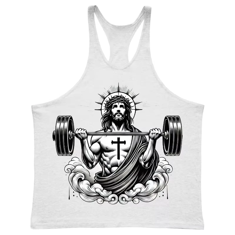 2026Men Custom Jesus Holding Dumbbells Print Y-Back Stringer Tank Tops Round Neck Sleeveless Vest Gym Fitness Workout Sportswear