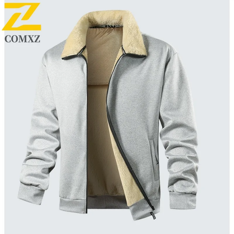 COMXZ Premium Mens Jacket Luxury Notch Lapel Shearling Outdoor Travel Anti-Cold Coat Street Style Lightweight Autumn Winter Wear