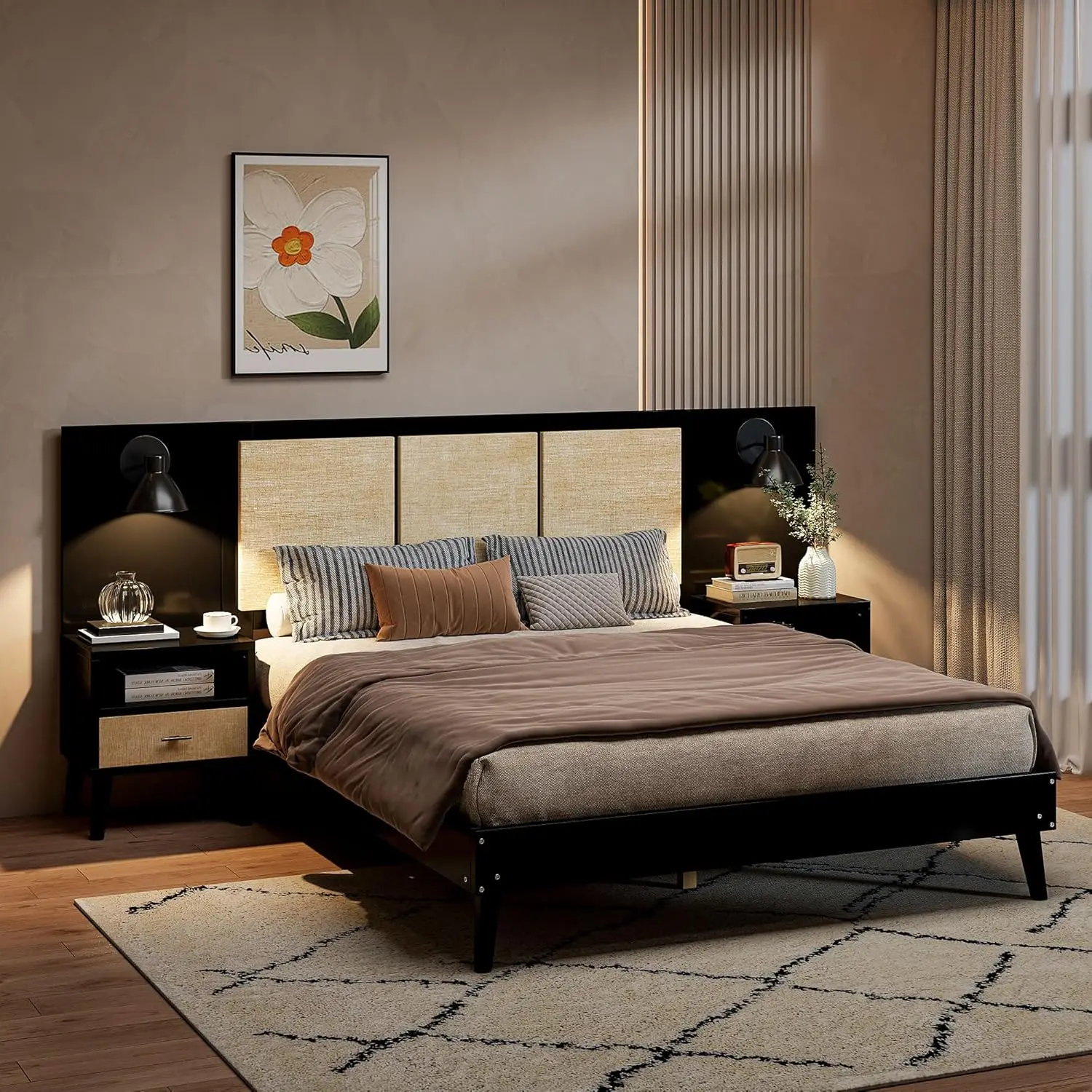 

Queen Size Platform Bed Frame With 2 Nightstands, Wooden Queen Bed Frame With Lamps, Elegant Design, Rattan And Wood