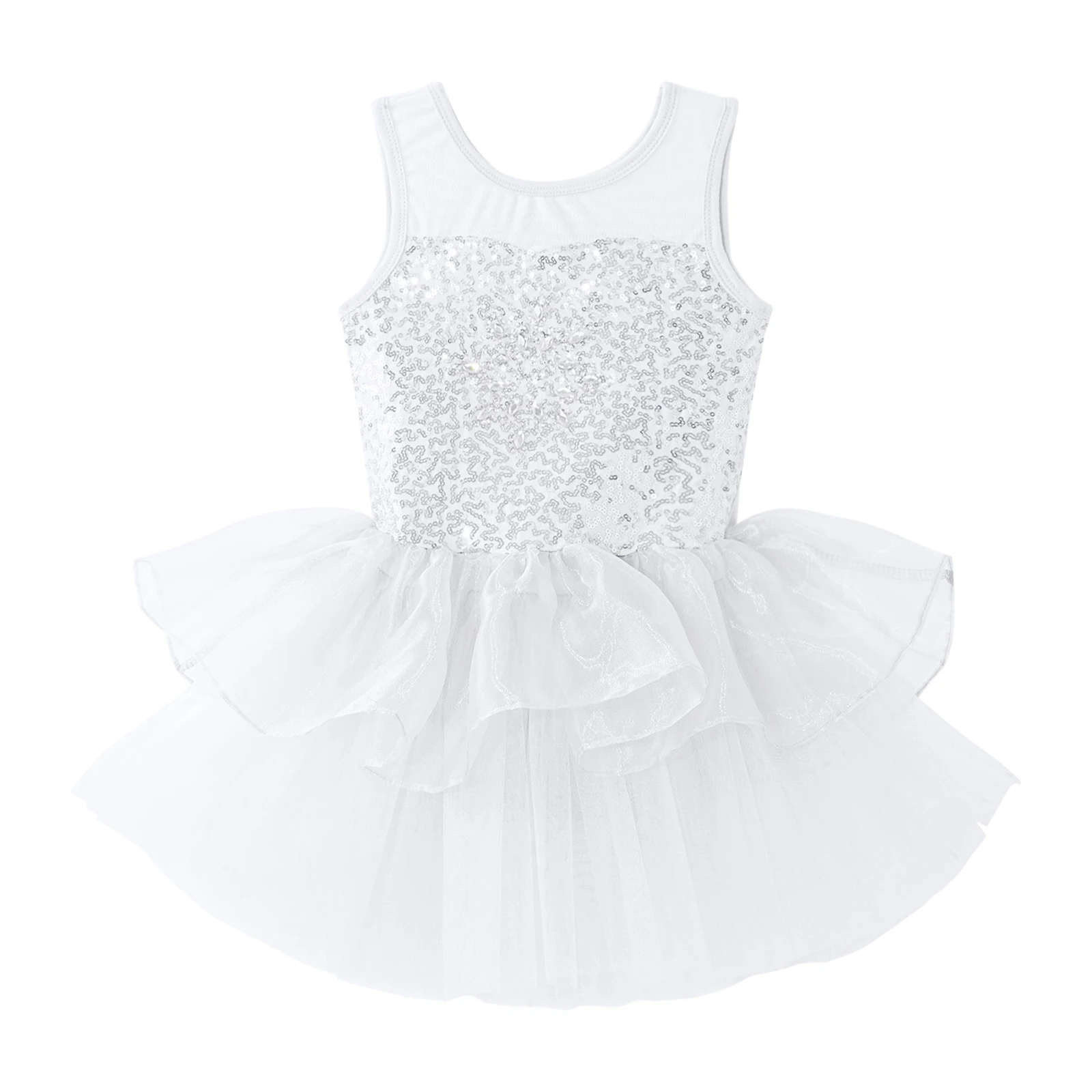 Kids Girls Ballet Dance Dress Sleeveless Shiny Sequins Mesh Leotard Tutu Dancewear Gymnastics Skating Stage Performance Costume