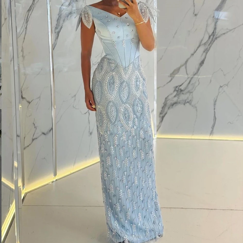 Customized Fashion Jersey Straight Crystal Evening Dress High Quality Floor Length V-Neck платье вечернее Saudi Arabia 2024