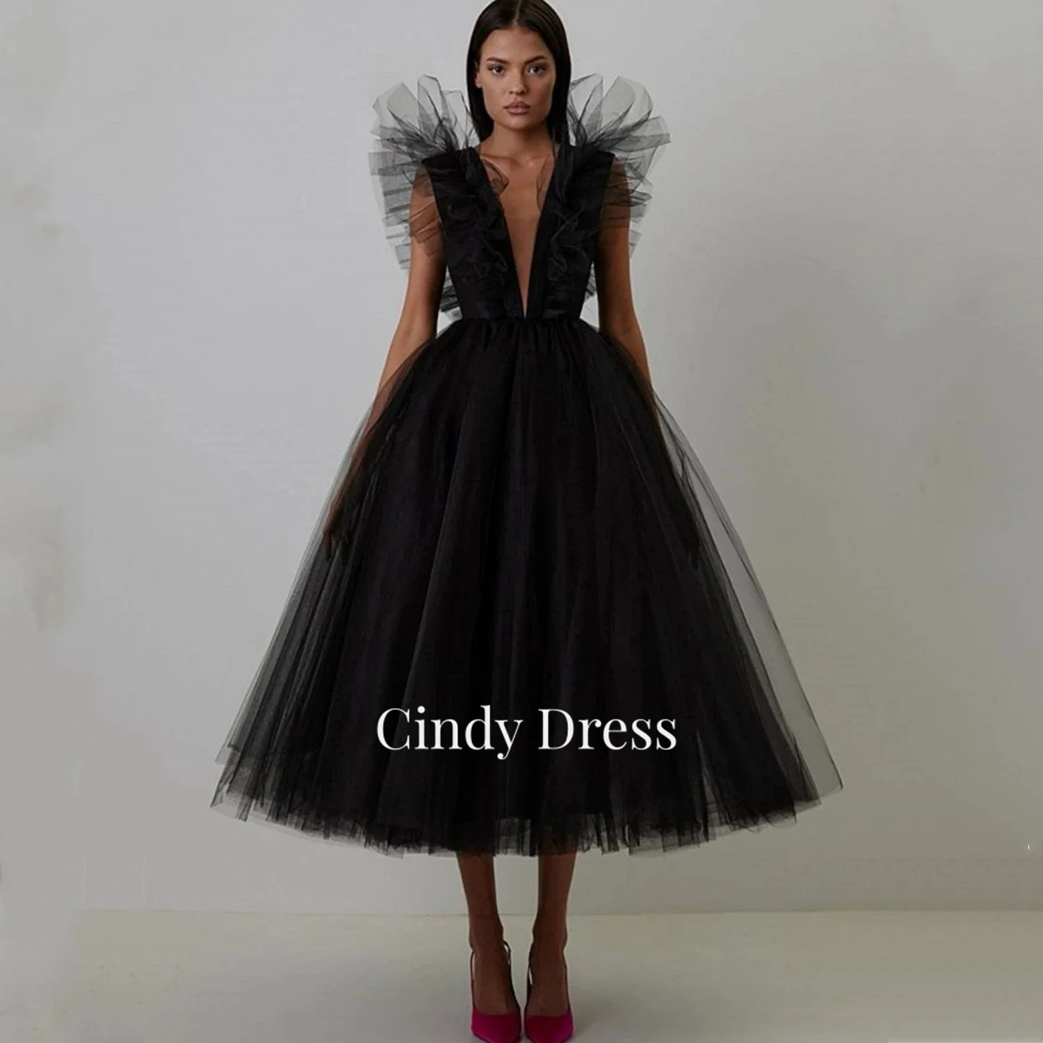 

Cindy Dresses for Prom Mesh Women's Luxury Party Dress Black Formal V-neck Elegant Long Woman Evening Celebrity Saudi Banquet