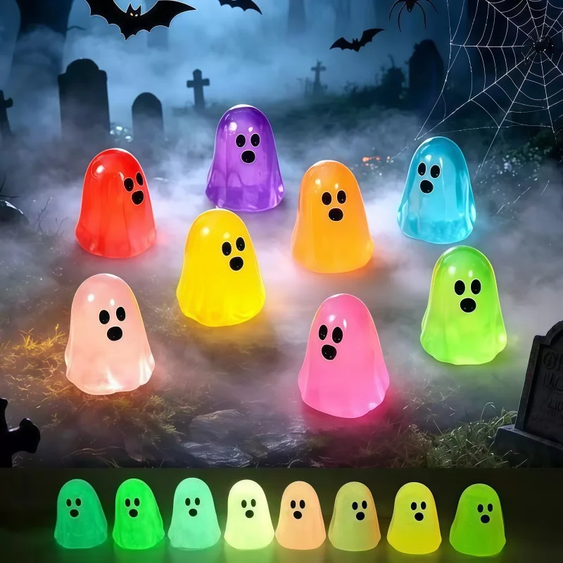 Mini Night Light Cute Ghost Statue DIY Thriller Festival Resin Decorative Ornament Miniature Bonsai Desktop Home Decoration Toy