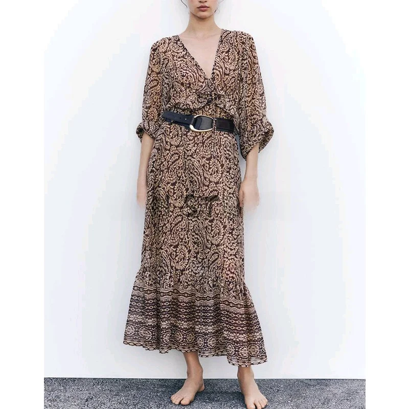 Primavera feminino hepburn sle longo sve v-ne em camadas decoração impressão midi dr commute lanterna de cintura alta sve dr