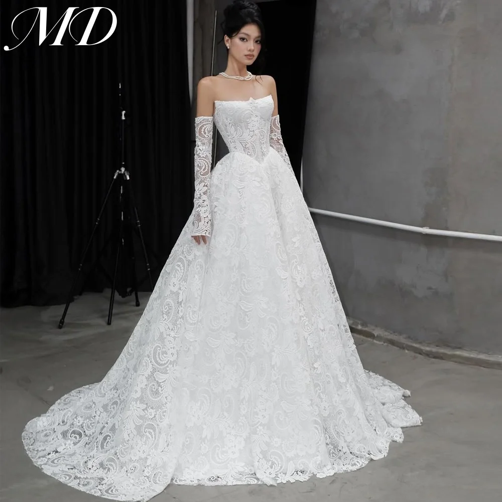 

MD Exquisite A-line Wedding Dress Detachable Sleeve Off Shoulder Lace Sweep Train Bridal Gown Customized Vestidos Novias Boda