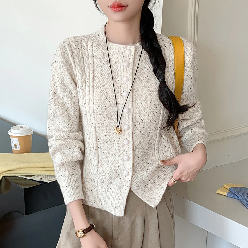 

Корейский дизайн, цветной вязаный свитер, женский осенне-зимний новый однобортный облегающий кардиган с круглым вырезом, повседневный топ, куртка