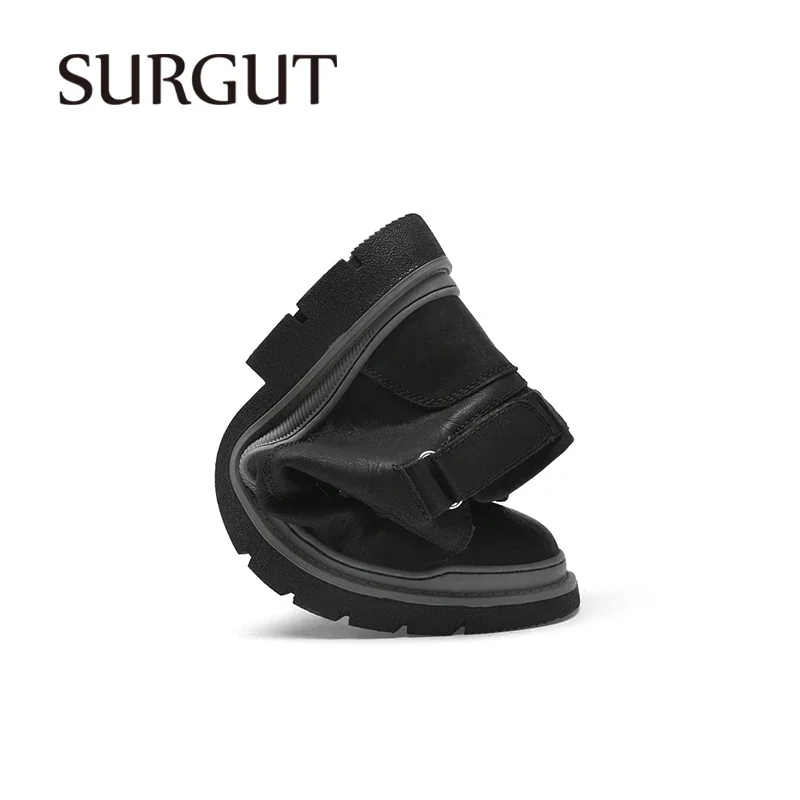 SURGUT New Casual Split Leather Shoes Men Brand Retro Autumn Winter Fur Waterproof 2024 Fashion Business Working Men Snow Boots