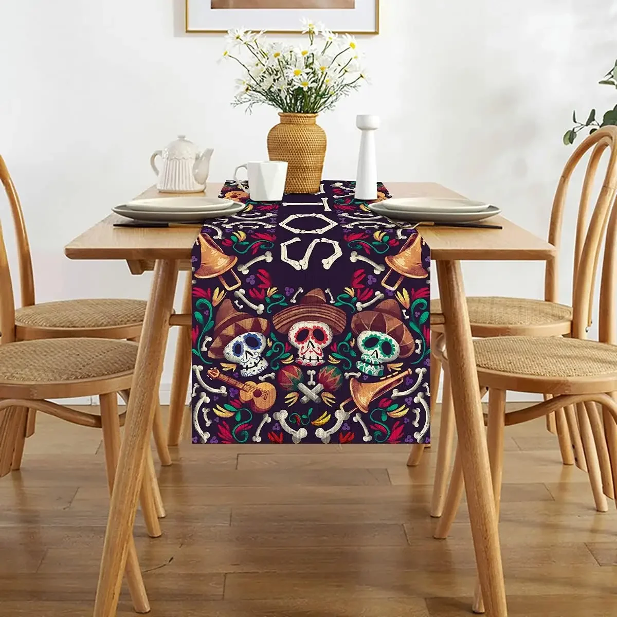 Mexican Dia De Los Muertos Linen Table Runners Kitchen Table Decor Day of The Dead Dining Table Runners Halloween Decorations