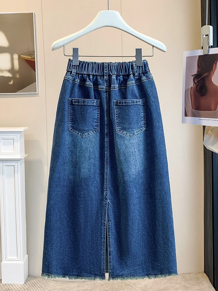 Authentic Early Autumn plus Size Korean Style Elastic Loose A-Line Denim Skirt Mid-Length Half Body Skirt Casual Commute