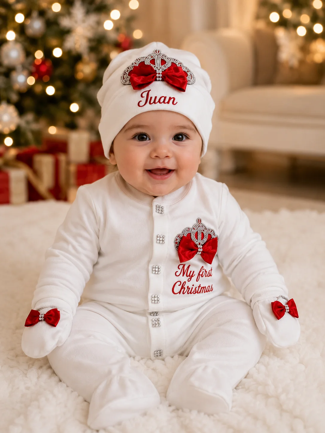 Custom Name Baby First Christmas Knit Cotton Footed Jumpsuit Set Rhinestone Tiara Bow Newborn Photo Costume 4Pcs