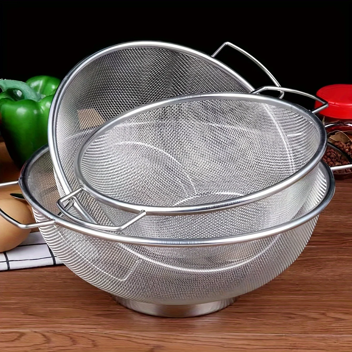 

3pcs, stainless steel drainage basket, metal mesh strainer with handle, kitchen, vegetables, rice, fruits, kitchen rice basin,