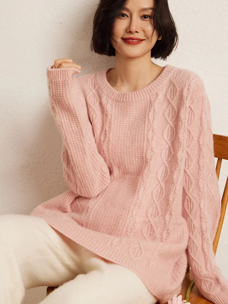 Autumn Winter Sweater Pullover Office Women Pullover Clothing 100% Cashmere Sweater O-Neck Soft Knitwear Loose Vintage Jacquard