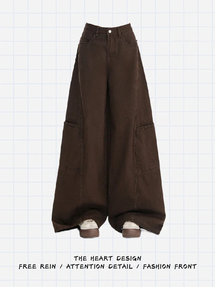 

Retro Coffee Colored Women's Denim Workwear Pants Loose Drapey Casual Wide Leg Trousers American Vintage High Waist Jeans