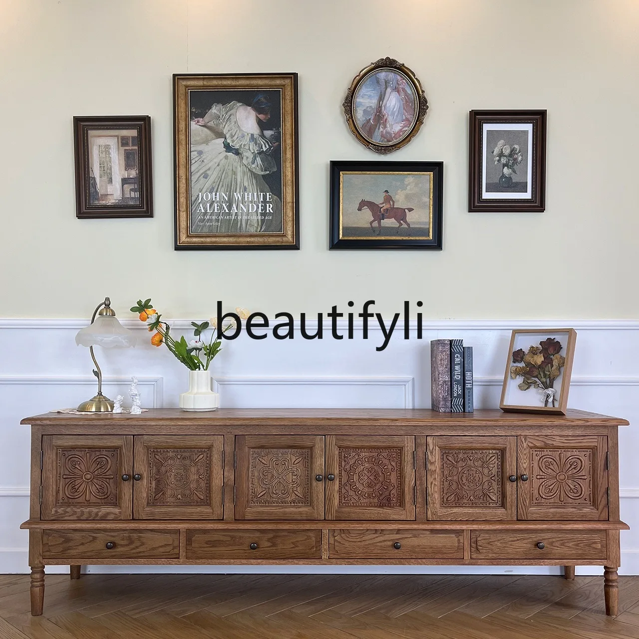 

Nordic Country Style Solid Wood Carved TV Cabinet Set Vintage Pastoral Oak Living Room Storage Cabinet Homestay Floor Cabinet