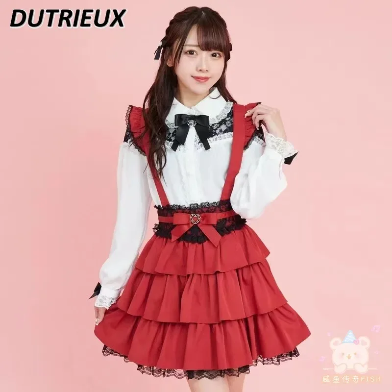 

Spring New Cute Love Bow Lace Short Skirt Japanese Style Solid Color High Waist Sweet Girls Versatile A-line Strap Skirts