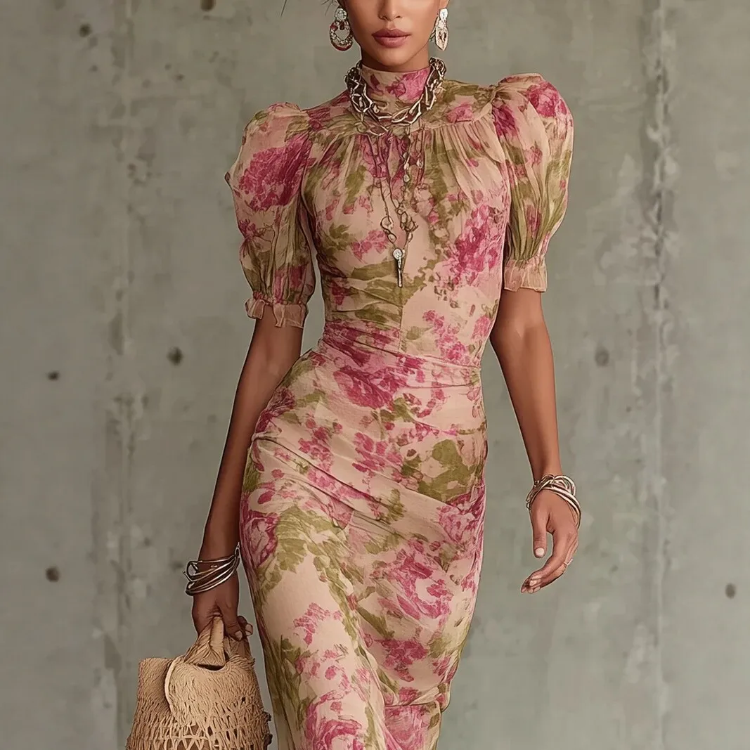 Floral Print Fashion Short Sleeve Mesh Versatile Elegant Long Skirt Womens Evening Mermaid Slim Sexy Lace Splicing Evening Dress