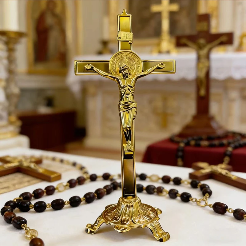 HTISOK New 2026 Traditional Gold-Plated Catholic Standing Crucifix with Ornate Base for Sacred Space Decor and Worship Practices