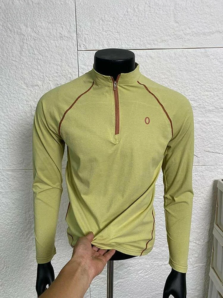 

PSO GTAL Mustard Yellow Long Sve T-irt for Men Outdoor Hiking Badminton Sport Fitn f Zipper Polyester Fiber