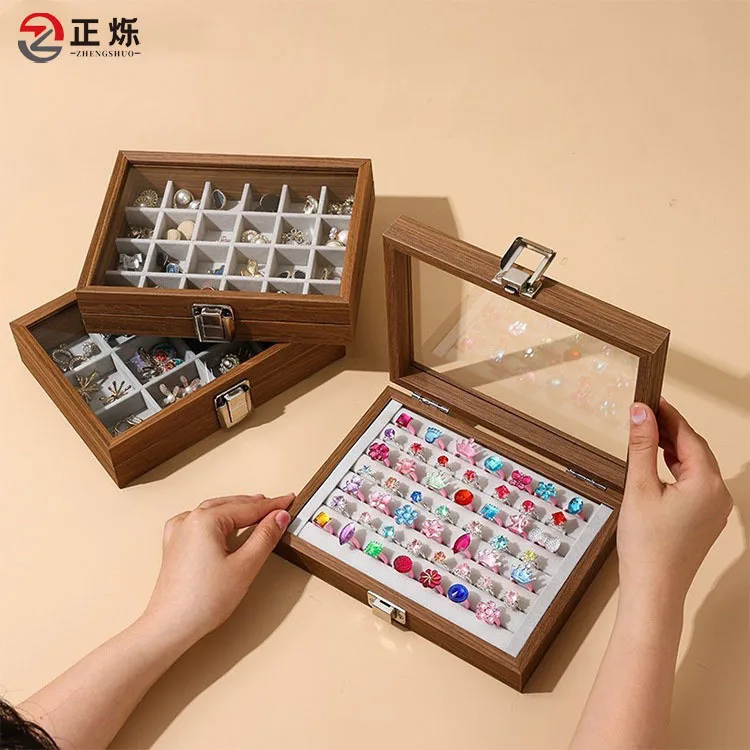 Vintage Wood Pattern Mini Jewelry Box with Window Display Rings Necklace Earrings Organizer Case Jewel Storage Wedding Gift Box