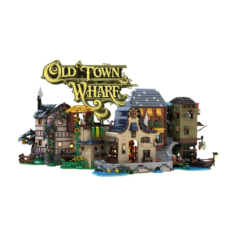 Old Town Wharf MOC Building Blocks Retro Ancient Waterfront Pier Diorama, DIY Small Particle City Street View Brick Set 375PCS