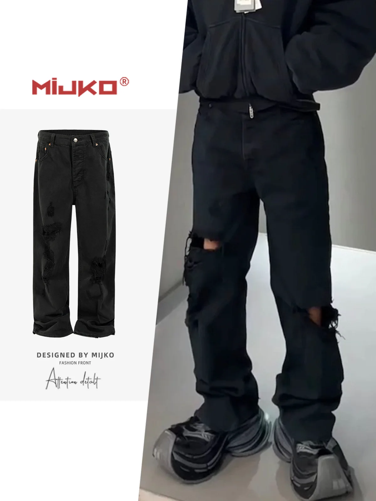 

MIJKO Men's and Women's Washed Black Ripped Frayed Jeans Unisex Torn Cat Whisker Slim Fit Denim Pants TJ173