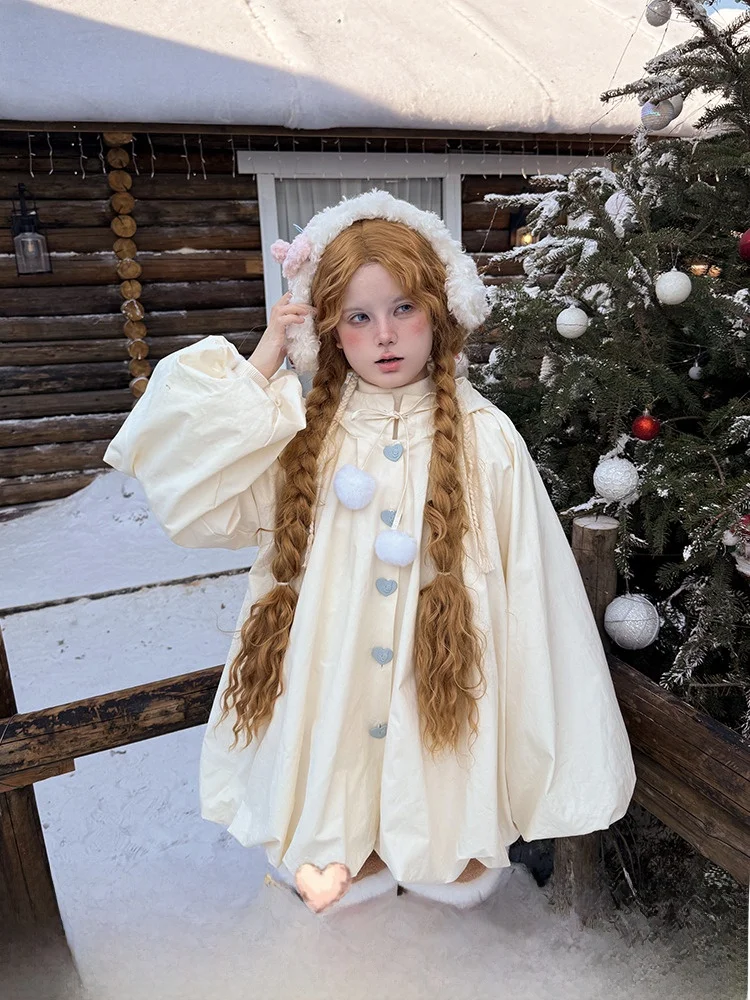 

Labeau Angel Button Hooded Cloak Coat Women Winter Thiened Fce Loose Bloomer Skirt Cotton Jaet Sweet Sle Regular Sve