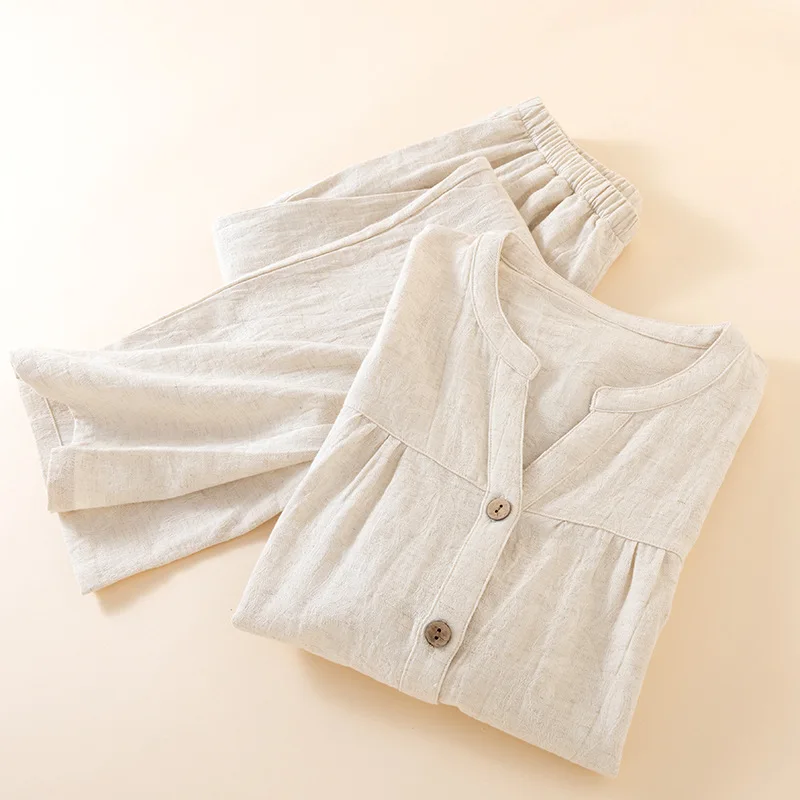 Japanese Style Women's V Neck Pajamas Simple Design Button Front Homewear Pure Cotton Two Piece Pjs for Autumn Soft Solid Color
