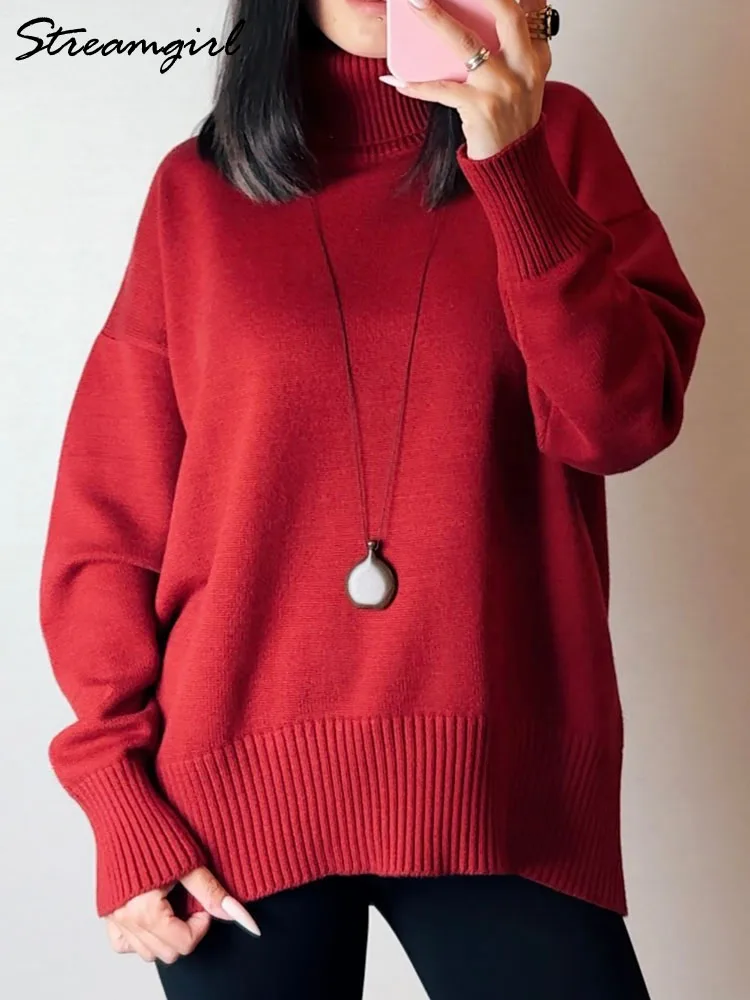 Women's Winter Sweater Oversize 2024 Warm Turtleneck Knit Pullover Woman Solid Loose Jumpers Burgundy Sweaters For Women