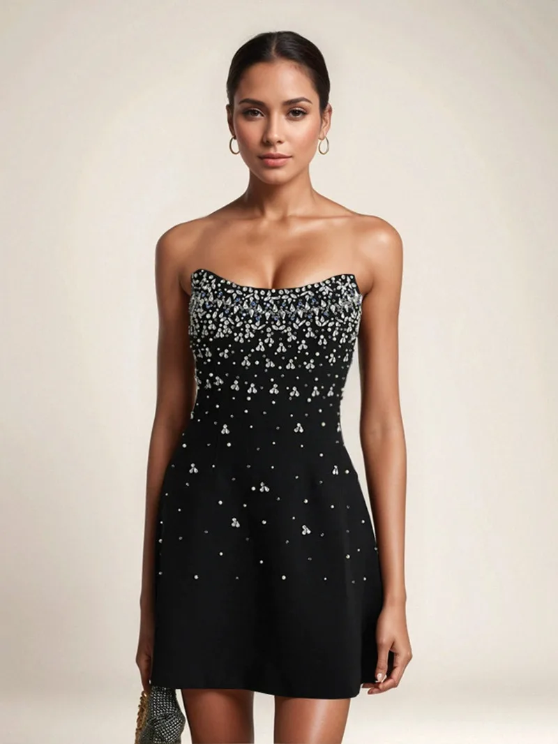 French Style Diamond Spliced Party Mini Dresses For Women Slash Neck Sleeveless High Waist Black Female Dress 2025 Tops KP98