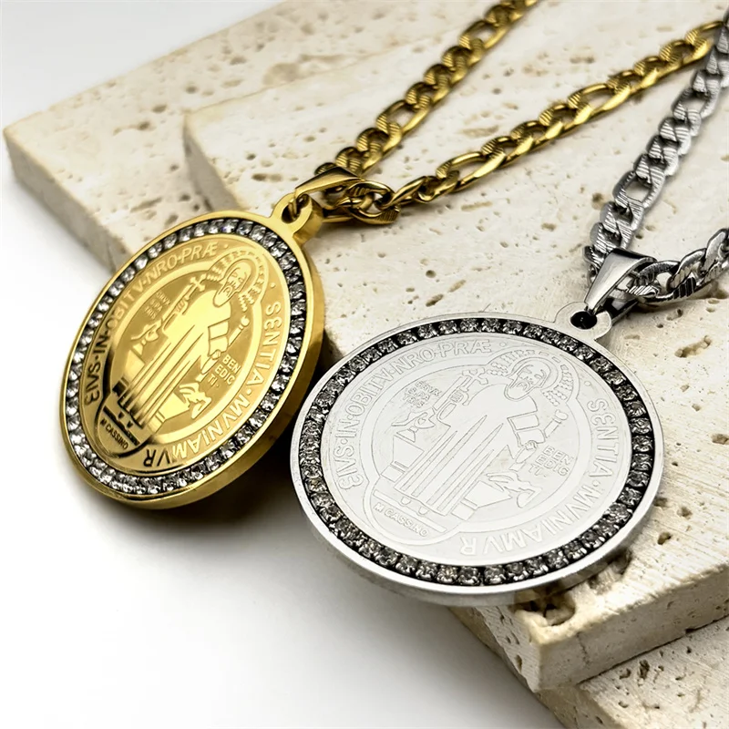 Hip Hop Crystals Saint Benedict Medallion Pendant Necklace Men Stainless Steel Gold Color Necklaces Jewelry San Benito Collares