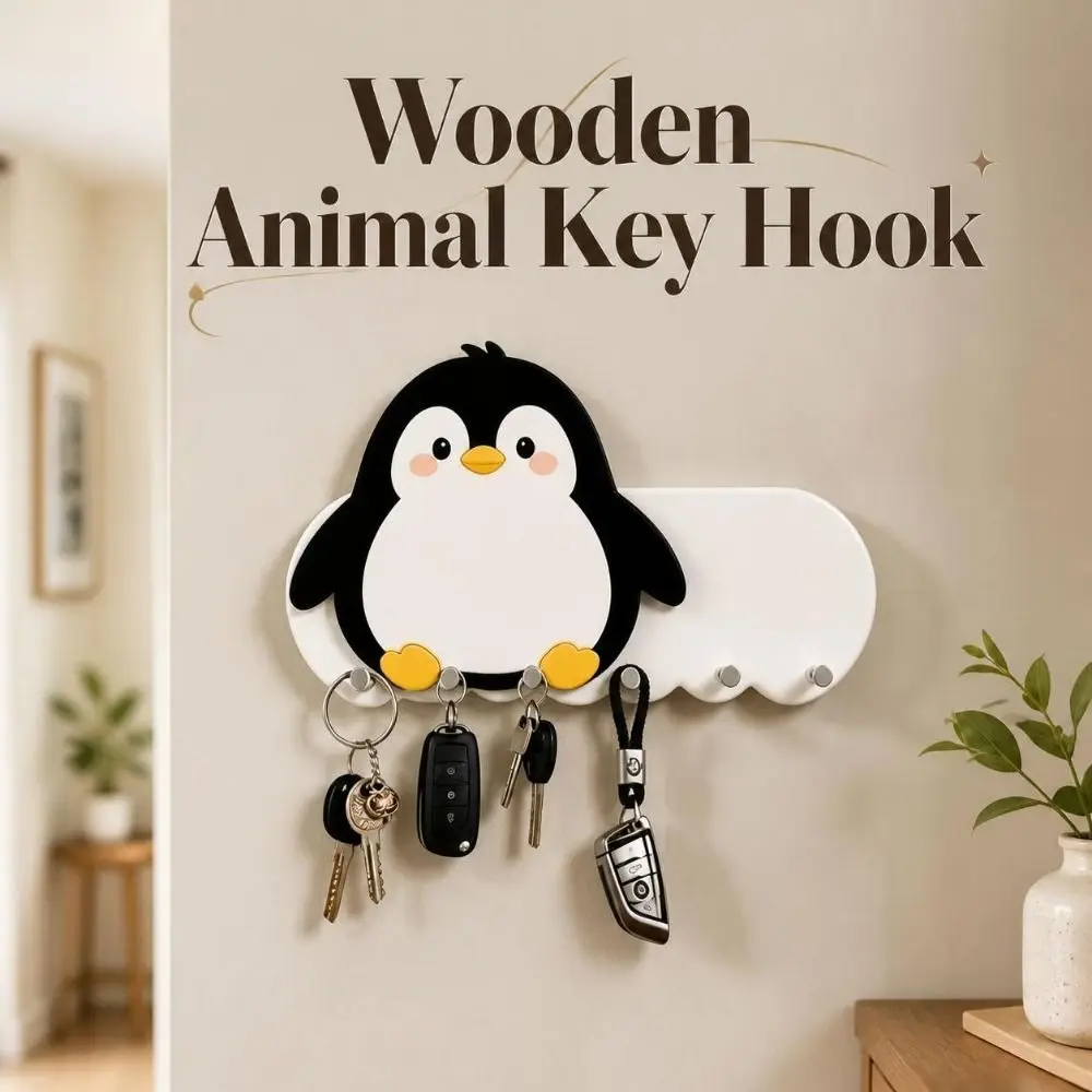 Modern Wooden Animal Key Hook Punch-Free Multi-Hook Adhesive Key Holder Practical Self-Adhesive Wall-mount Hanger Hallway